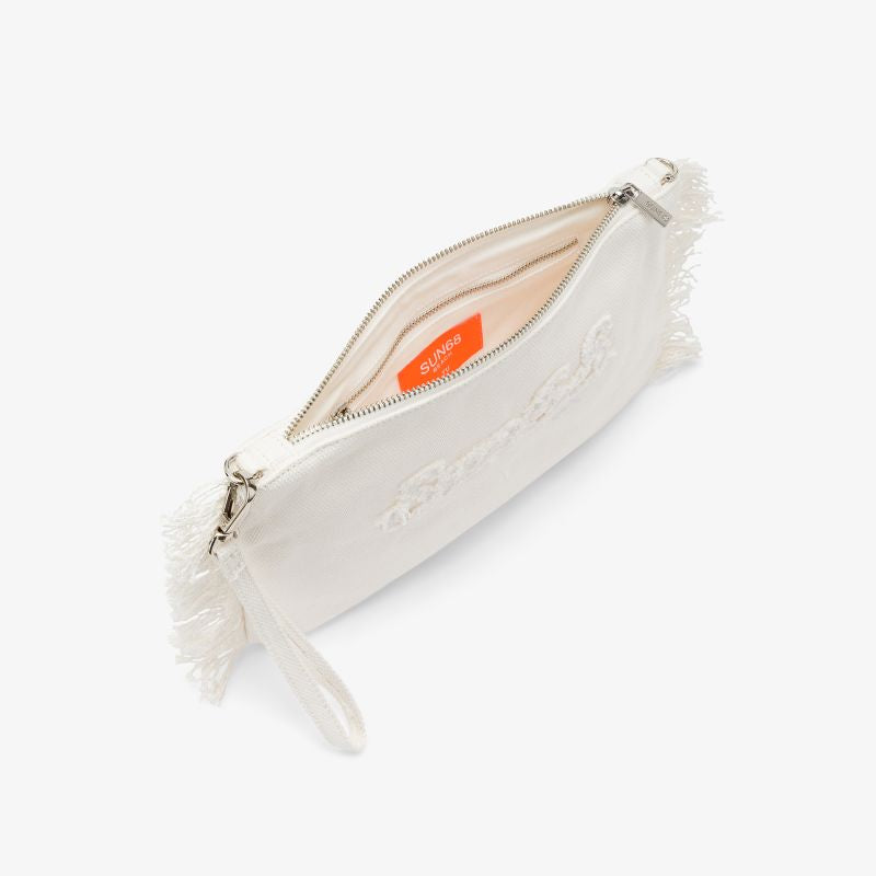 Pochette in tela di cotone con frange bianco panna Sun68