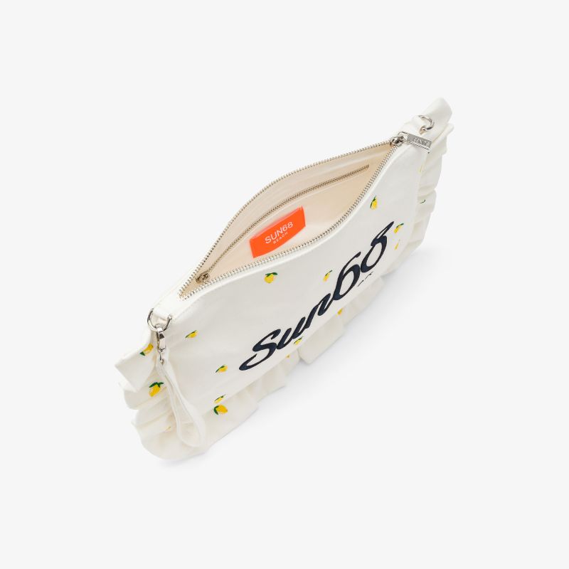 Pochette in tela di cotone con ricami bianco panna/blu navy Sun68