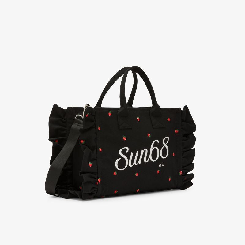 Shopping bag Cali in tela di cotone con ricami nero/bianco panna Sun68
