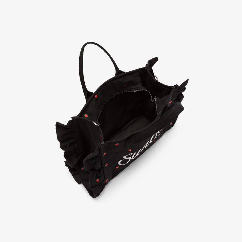 Shopping bag Cali in tela di cotone con ricami nero/bianco panna Sun68
