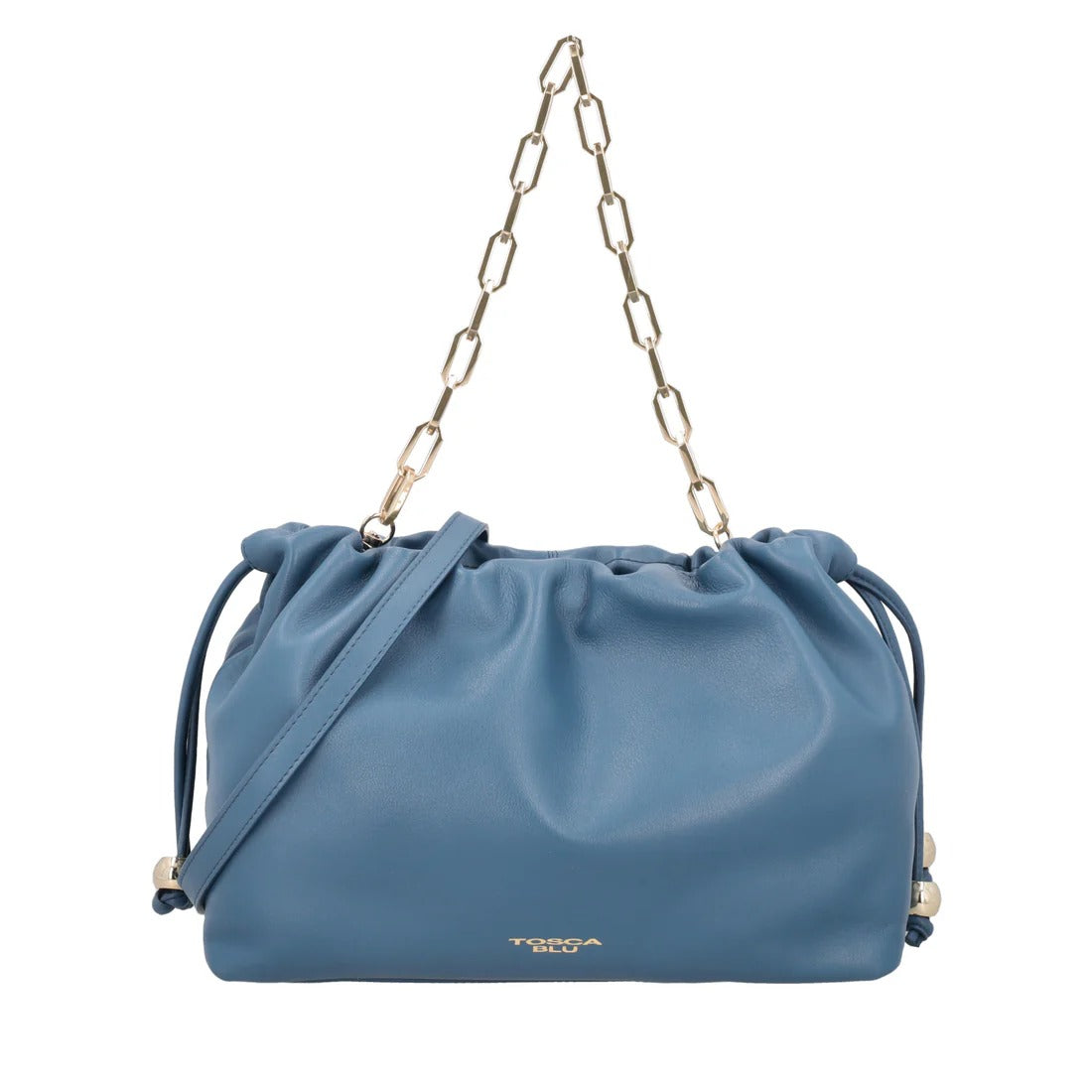 Pochette grande Harper in pelle con coulisse colore blu Tosca Blu