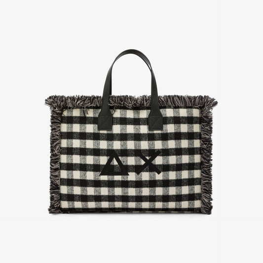 Shopping bag midi Cali in lana check nero