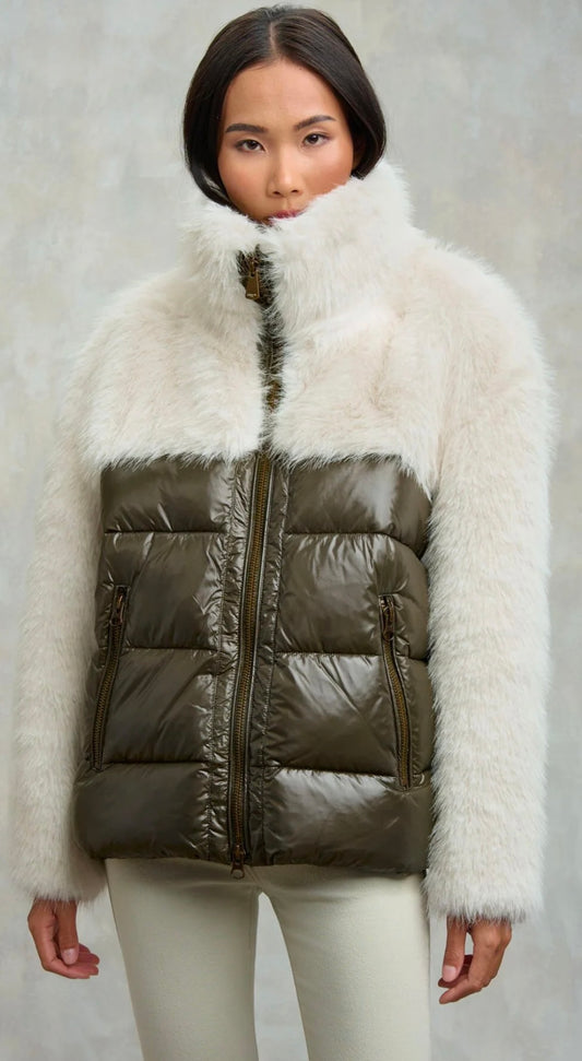 Giacca in nylon con ecopelliccia Tortora