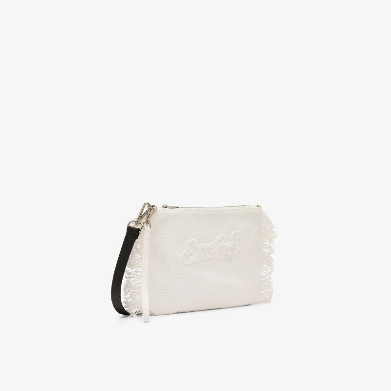 Pochette in tela di cotone con frange bianco panna Sun68