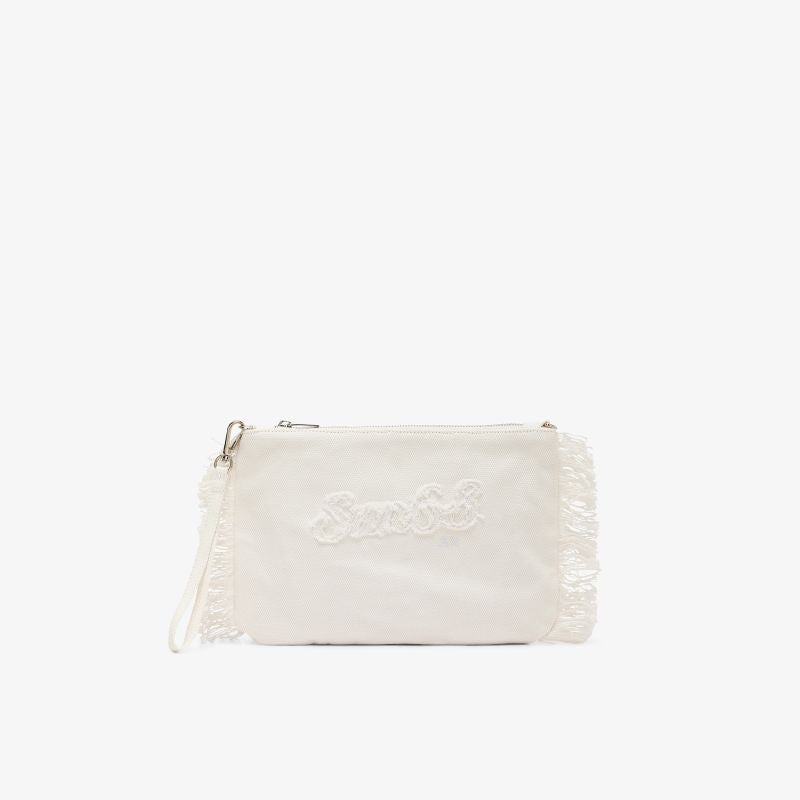 Pochette in tela di cotone con frange bianco panna Sun68