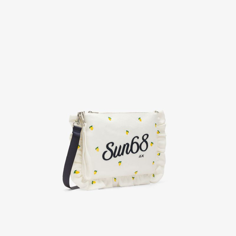 Pochette in tela di cotone con ricami bianco panna/blu navy Sun68