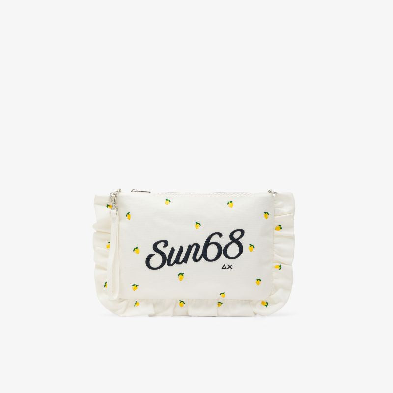 Pochette in tela di cotone con ricami bianco panna/blu navy Sun68