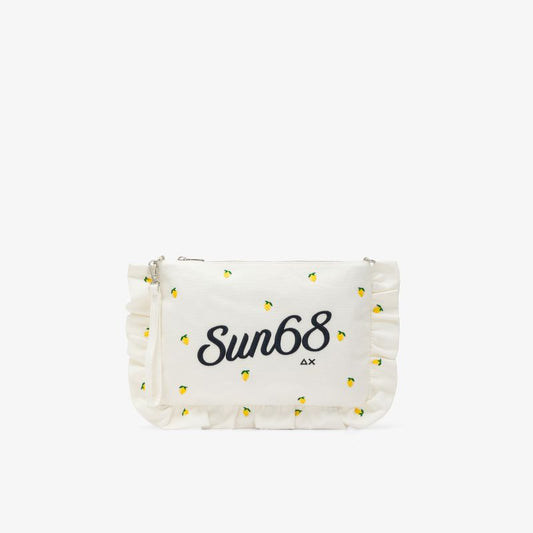 Pochette in tela di cotone con ricami bianco panna/blu navy Sun68