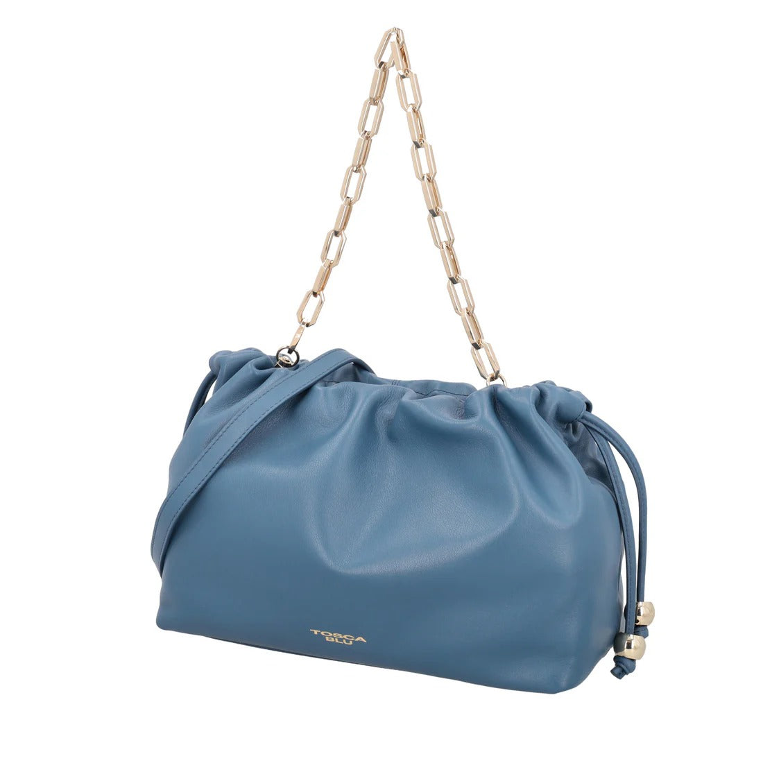 Pochette grande Harper in pelle con coulisse colore blu Tosca Blu
