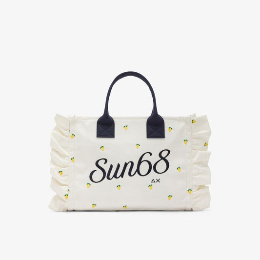 Shopping bag Cali in tela di cotone con ricami bianco panna/blu navy Sun68