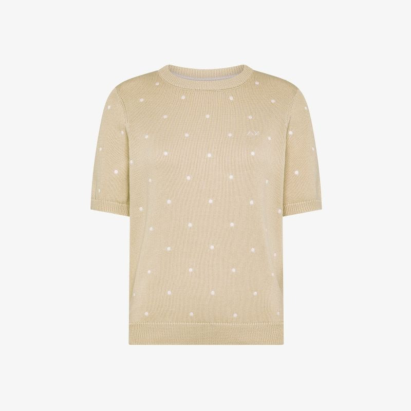 T-shirt in maglia di cotone a pois beige/rosa Sun68