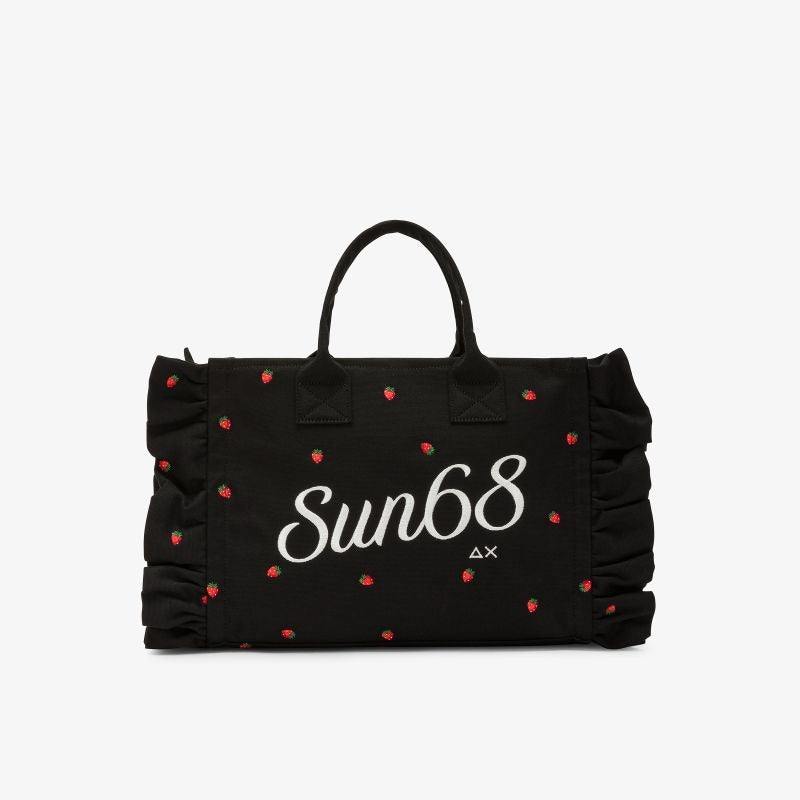 Shopping bag Cali in tela di cotone con ricami nero/bianco panna Sun68